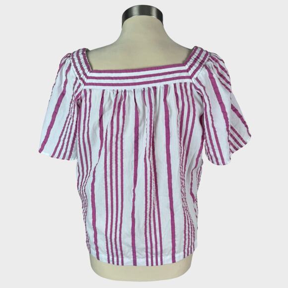 LOFT Petites Medium Petite Square Neck Short Sleeve Piink White Stripe Shirt - Picture 2 of 5